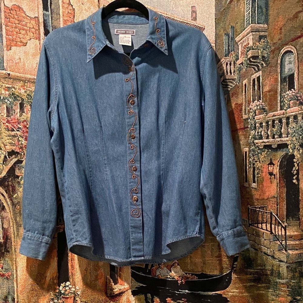 💯% Cotton Sigrid Olsen Denim Embroidered Western Shirt